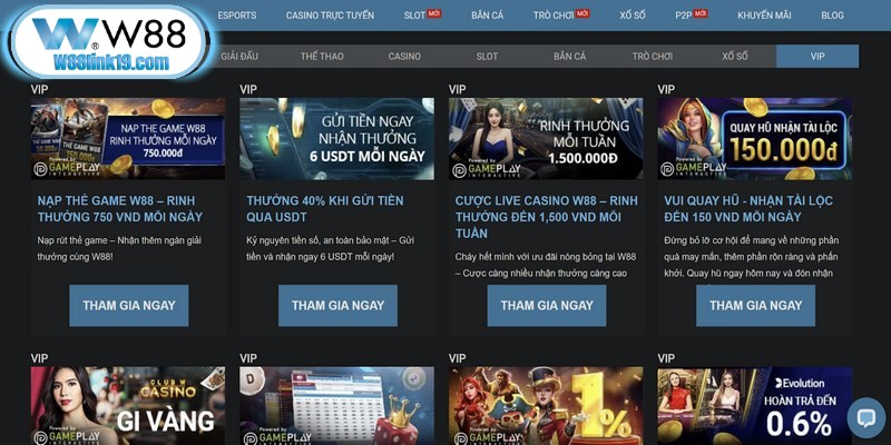 Thưởng nạp lại W88 và ưu đãi VIP cực hấp dẫn